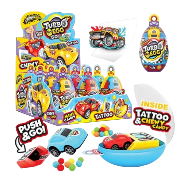 Жевательные конфеты с игрушкой Машинка в пластиковом яйце + тату (Turbo Egg) 12шт, Johny Bee