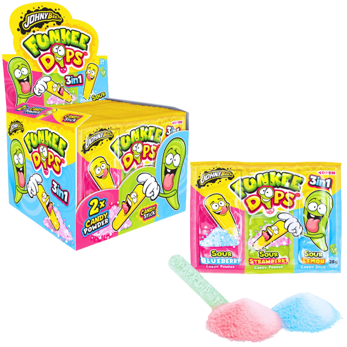 Драже из декстрозы и 2 пудры Funkee Dips 3in1 24 шт JohnyBee Драже из декстрозы и 2 пудры Funkee Dips 3in1 24 шт JohnyBee