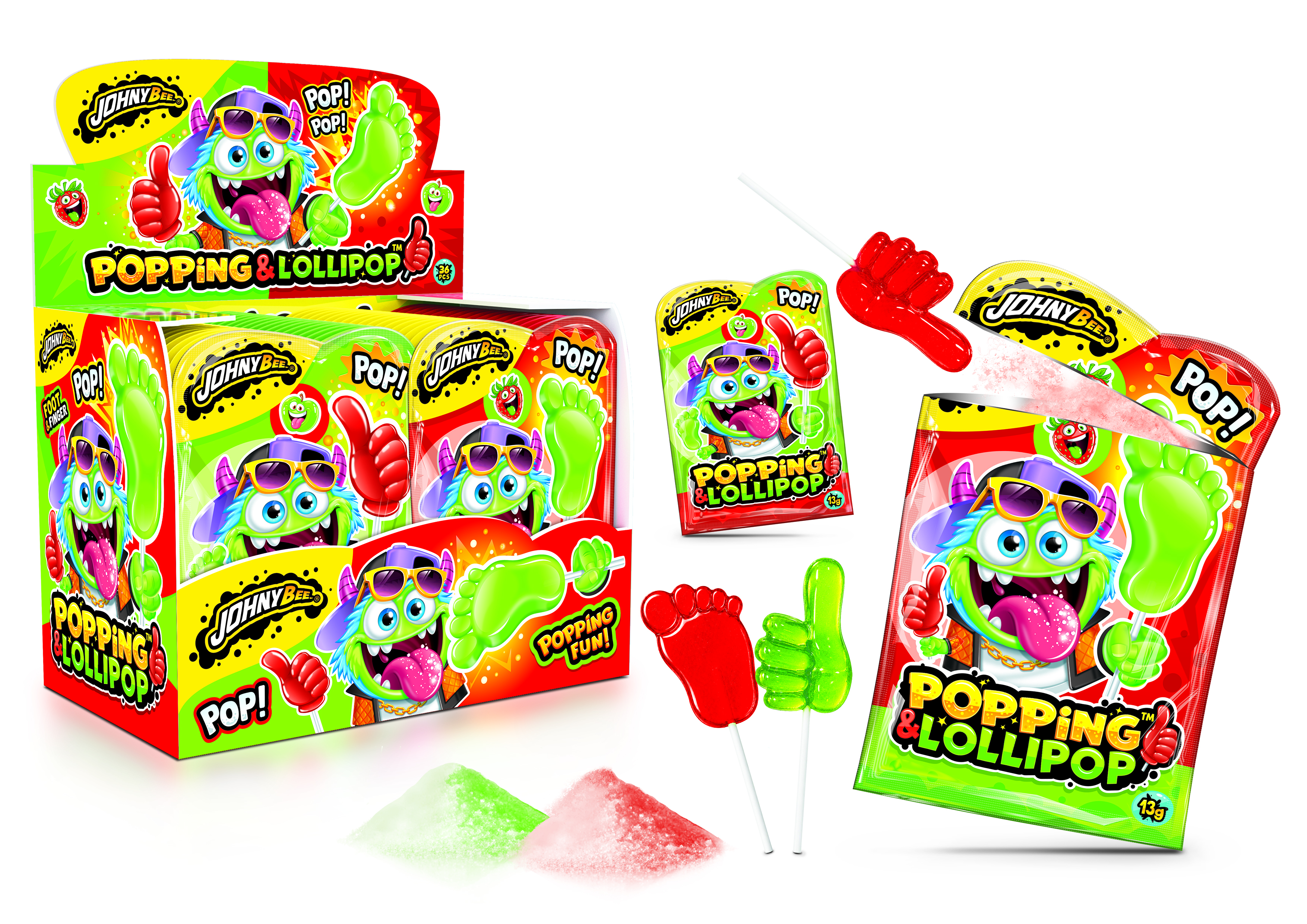 Леденец Пятка, Рука с взрывной карамелью (Popping Lollipop) Johny Bee 36 шт