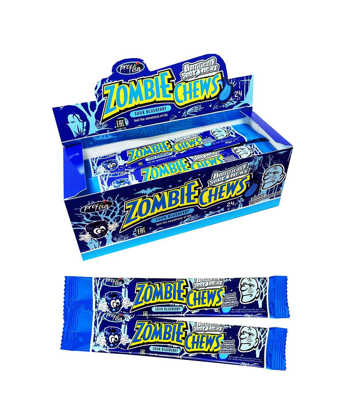 Жевательная конфета Zombie chews sour blueberry кислая Черника 24шт*20г Жевательная конфета Zombie chews sour blueberry кислая Черника 24шт*20г