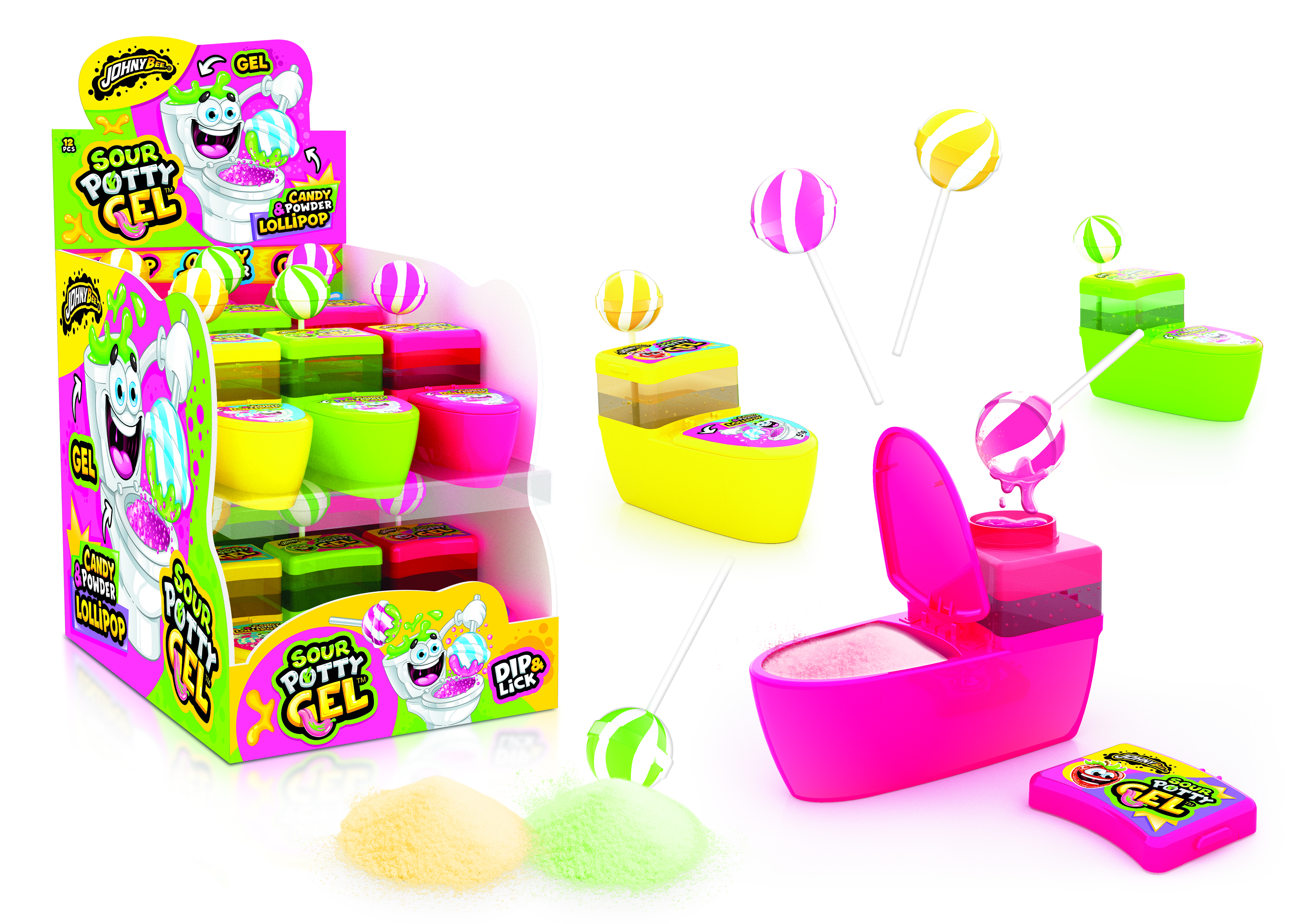 Леденец Dip'N'Lick Sour Potty + Gel Унитаз с ГЕЛЕМ и пудрой, 12 шт Johny Bee