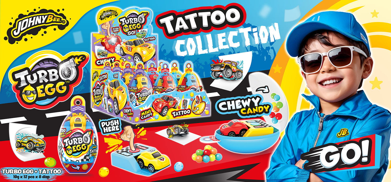Жевательные конфеты с игрушкой Машинка в пластиковом яйце + тату (Turbo Egg) 12шт, Johny Bee