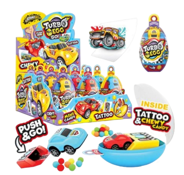 Жевательные конфеты с игрушкой Машинка в пластиковом яйце + тату (Turbo Egg) 12шт, Johny Bee